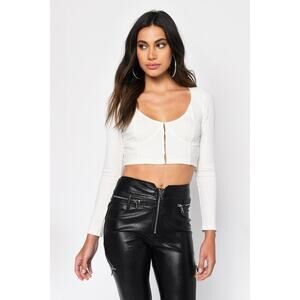 Tobi White Long Sleeve Lift My Spirits Hook & eye Crop Top Women's Size Large